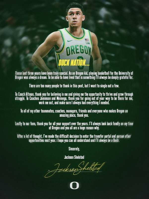 林葳面临选择;俄勒冈大学主力后卫谢尔斯塔德宣布申请转学。 体育新闻